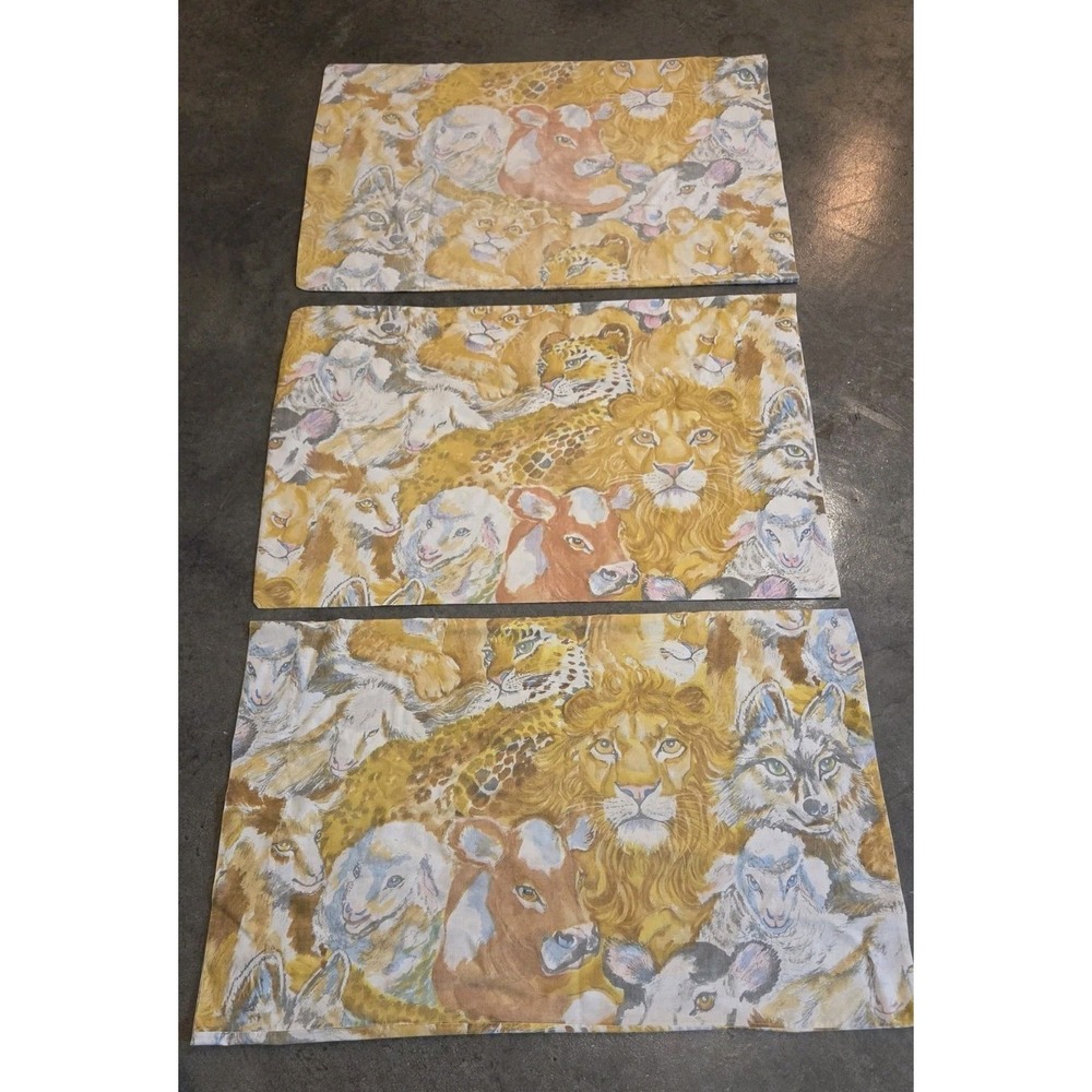 1970s Peaceable Kingdom Utica Pillowcases 3 Nan Lee Art Design Lion Lamb Muslin